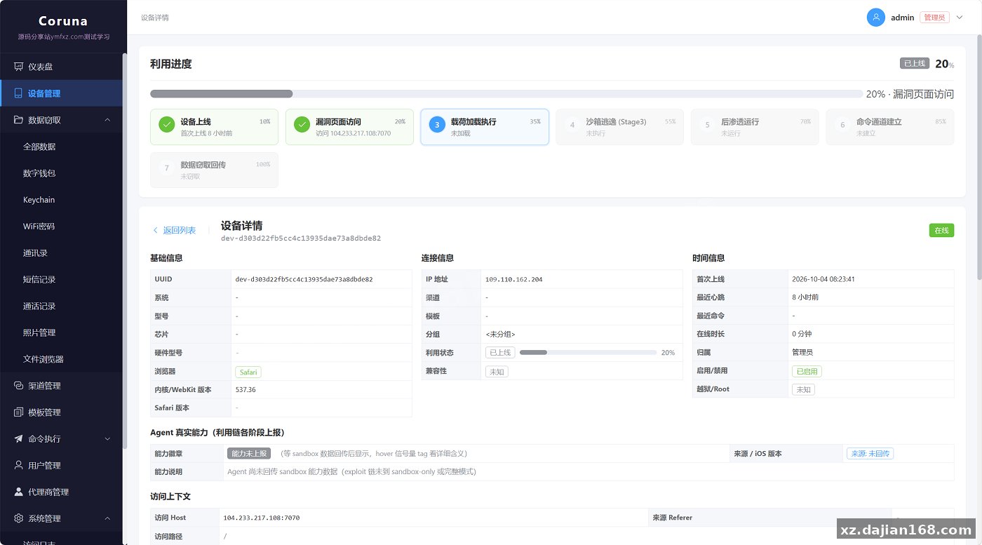 无感iOS浏览器漏洞获取面板（Coruna 全链，iOS 13–18.7）完整源码 + 搭建教程_网站源码_源码分享站